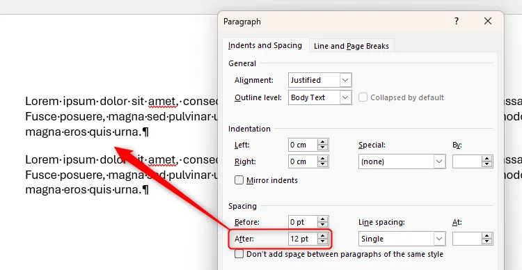 Khoảng cách sau đoạn văn (&quot;Spacing After&quot;) trong Word được đặt 12pt, tạo ra một khoảng trống rõ ràng giữa hai đoạn văn