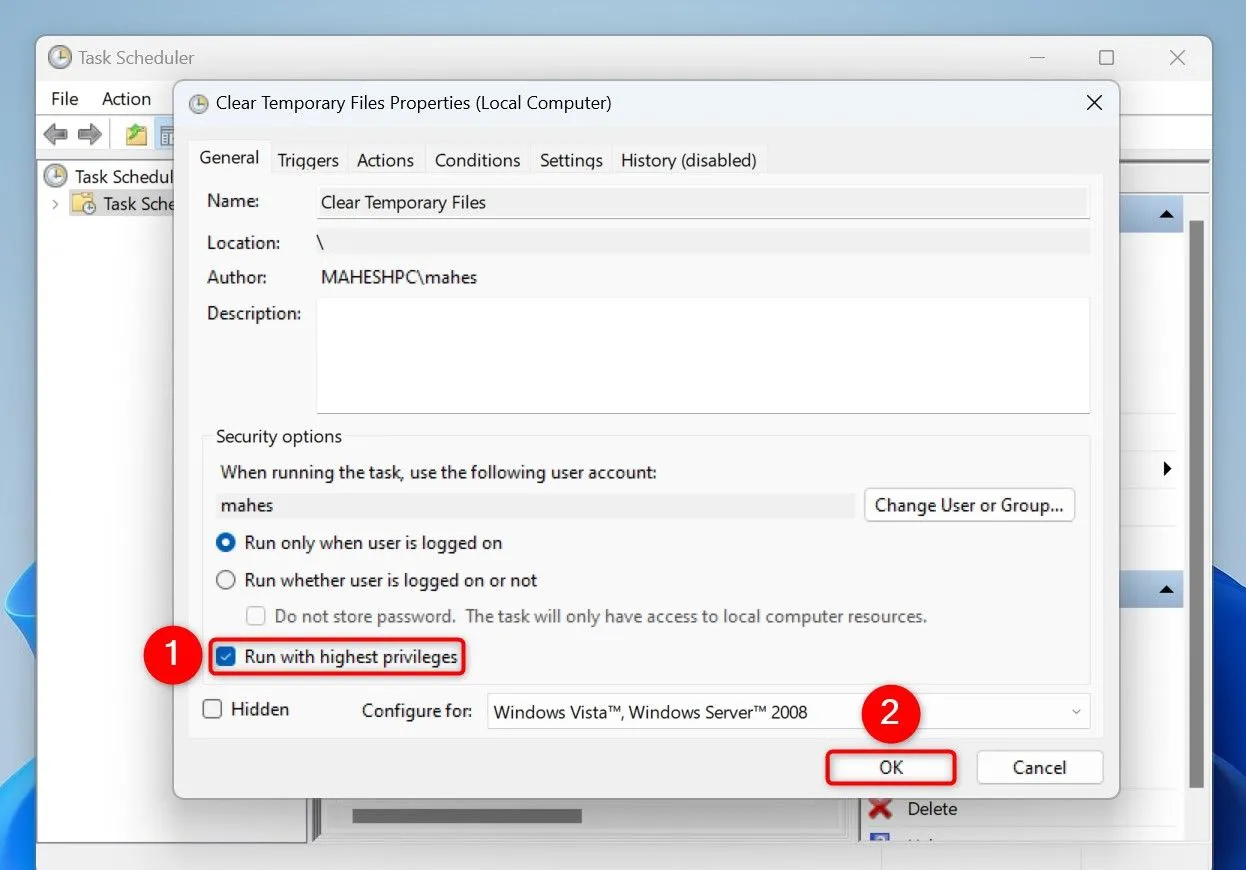 Kích hoạt tùy chọn &quot;Run With Highest Privileges&quot; cho tác vụ dọn dẹp file tạm trong Task Scheduler