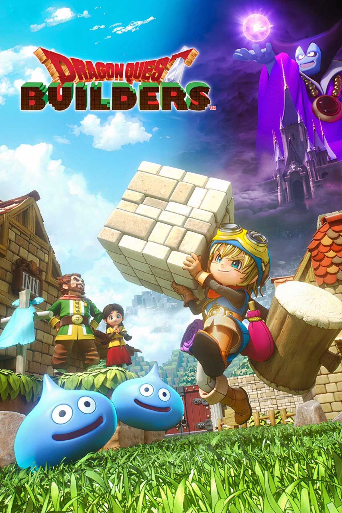 Làng mạc được xây dựng bằng khối trong Dragon Quest Builders với nhân vật và quái vật