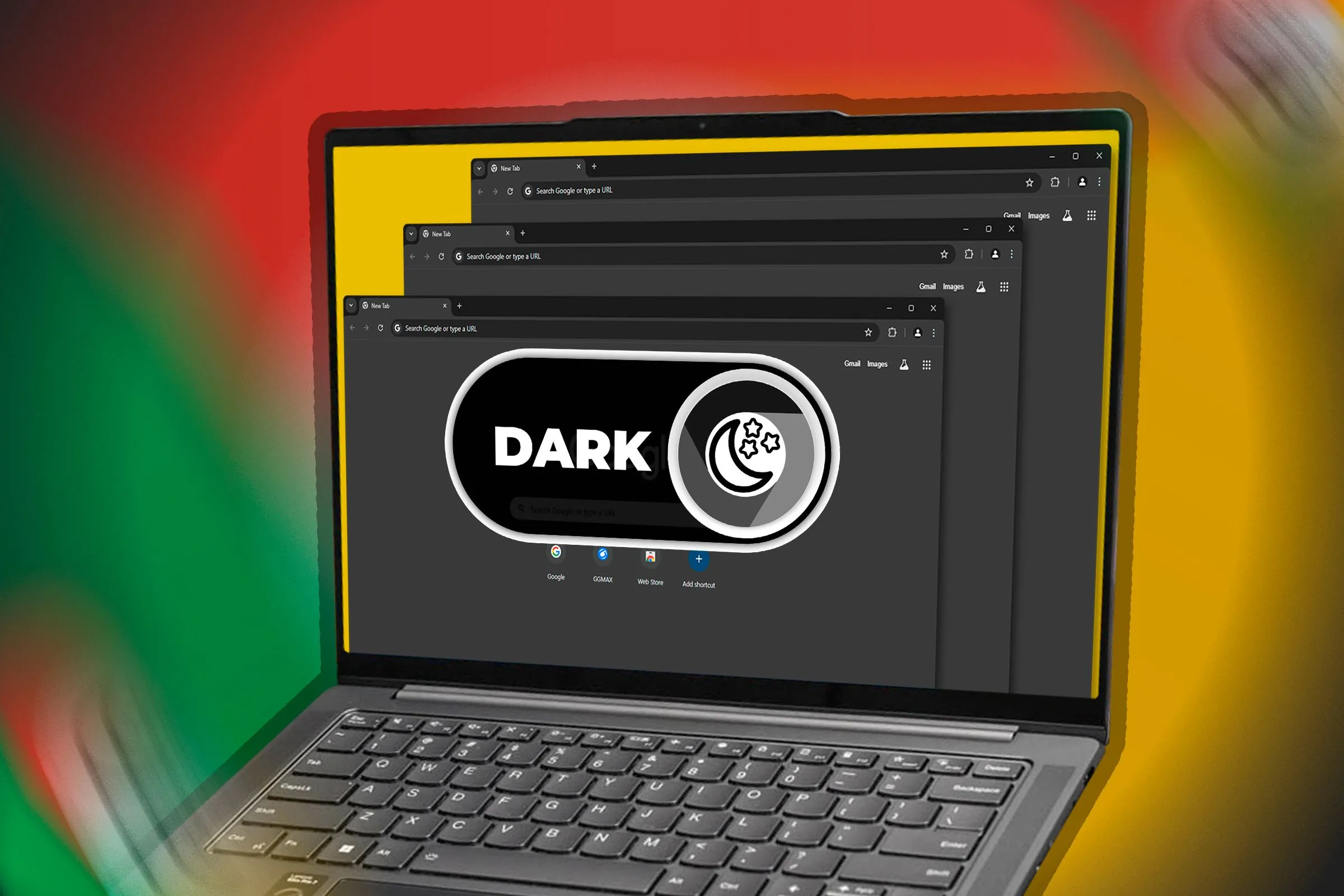 Laptop hiển thị trình duyệt Google Chrome với nhiều tab đang mở và nút chuyển đổi chế độ tối (Dark Mode), minh họa trải nghiệm sử dụng trên máy tính.