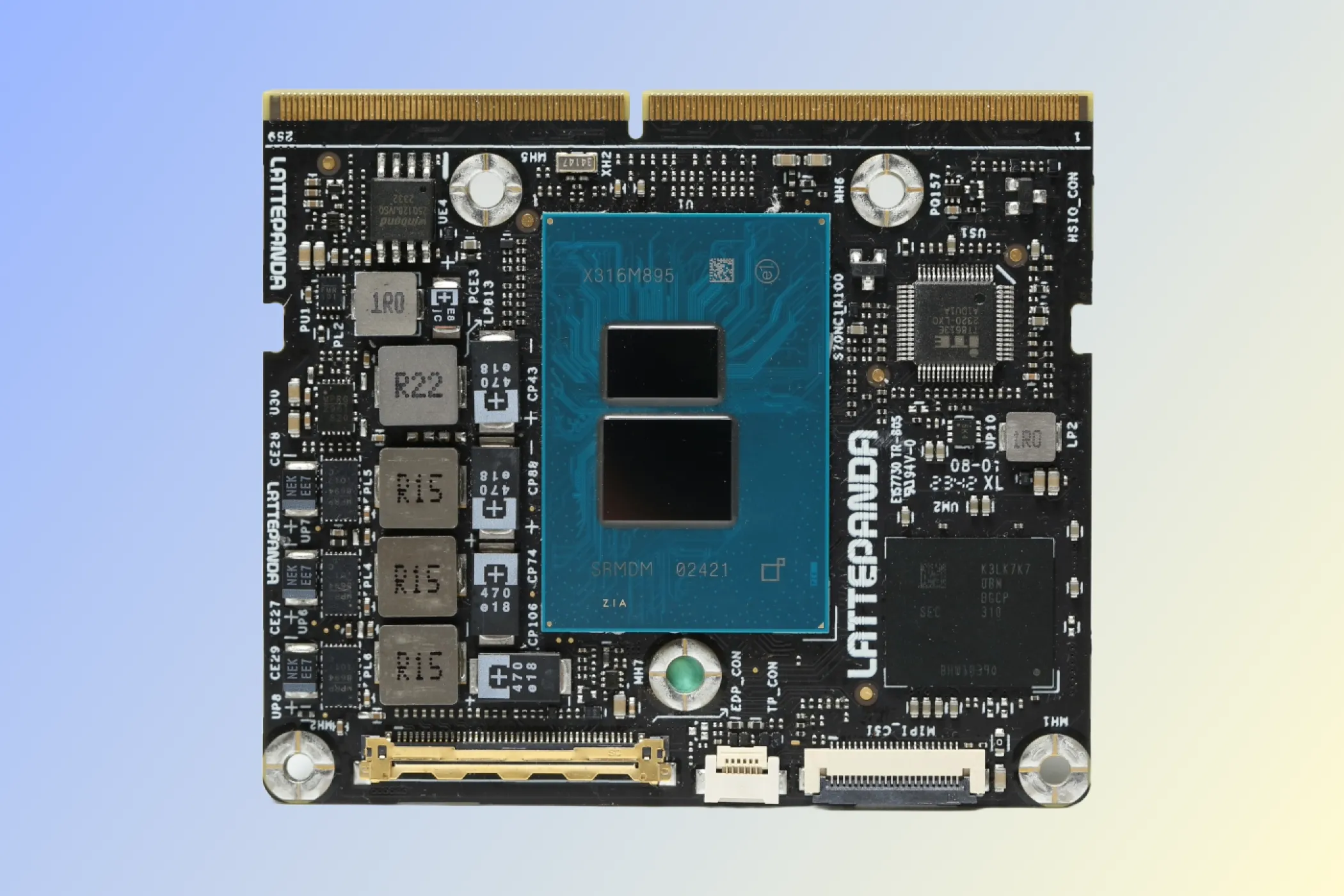 LattePanda Mu với các linh kiện nhỏ gọn, nổi bật trên nền xanh mờ