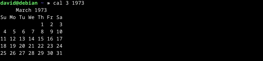 Lịch tháng 3 năm 1973 được hiển thị bởi lệnh `cal` trong terminal