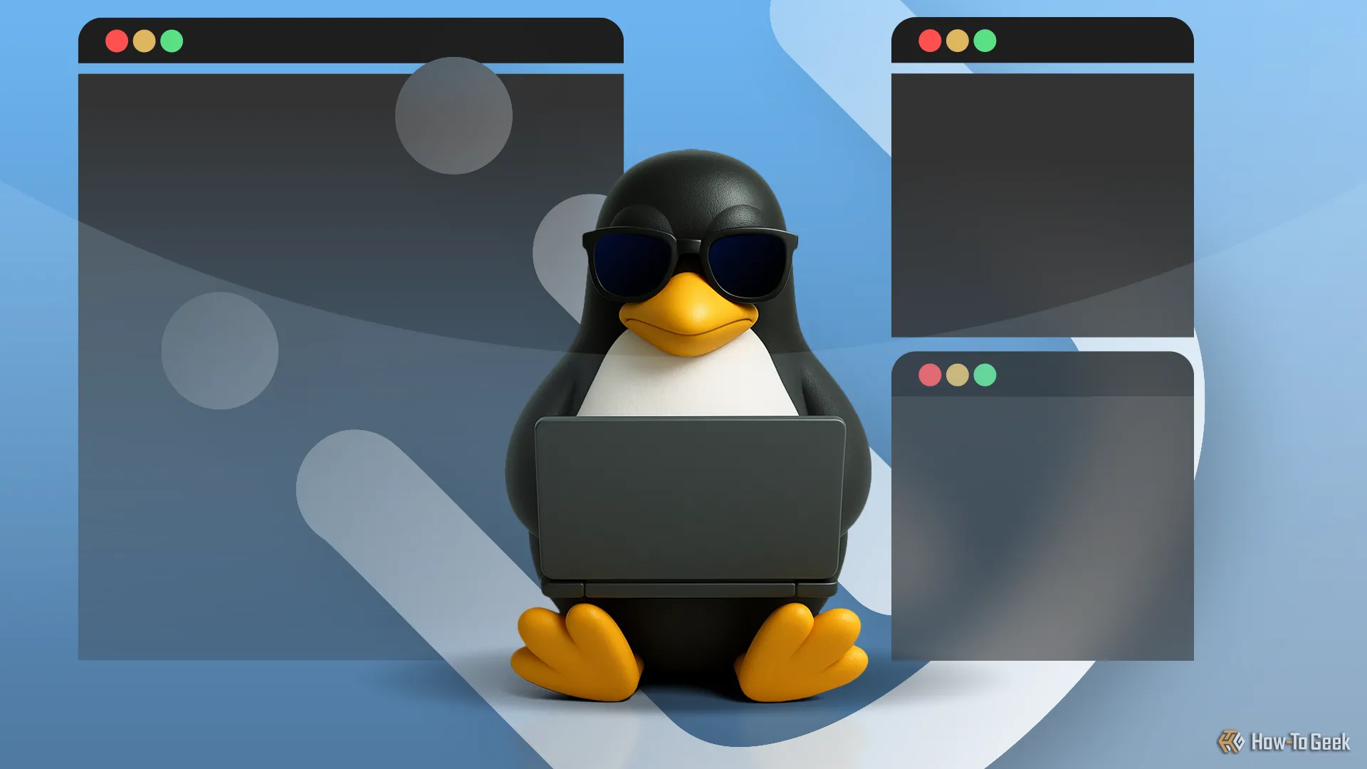 Linh vật Linux Tux đeo kính râm sử dụng laptop, xung quanh là các cửa sổ nổi và logo i3 Window Manager, tượng trưng cho khả năng quản lý cửa sổ nâng cao.