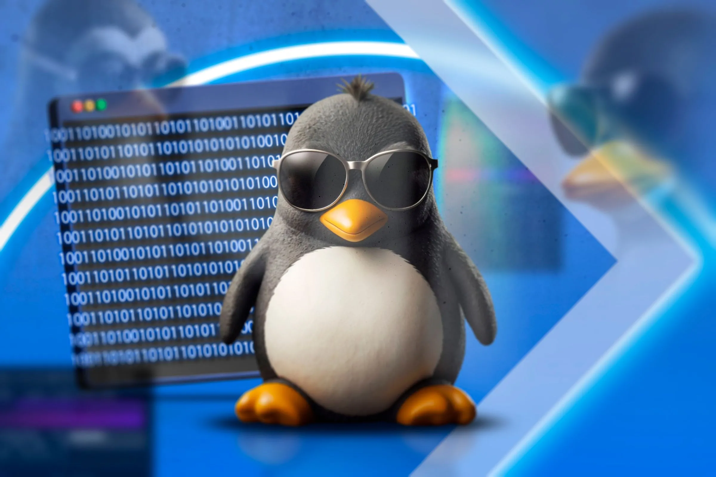 Linh vật Linux Tux đeo kính râm trước nền giao diện dòng lệnh (terminal), tượng trưng cho sự kiểm soát và tùy chỉnh hệ điều hành.