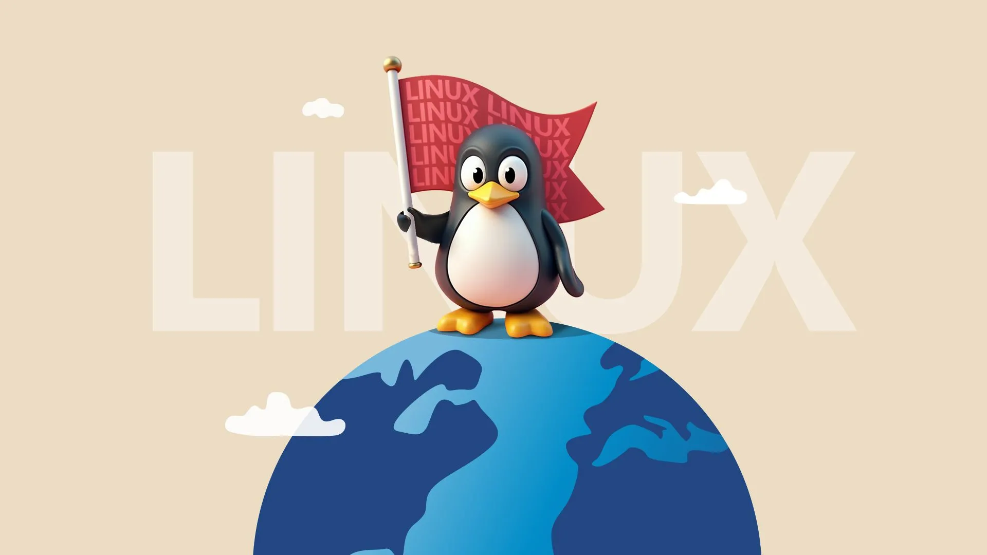Linh vật Linux (Tux) đứng trên quả địa cầu, tay cầm lá cờ, biểu tượng cho sự thống trị toàn cầu của Linux