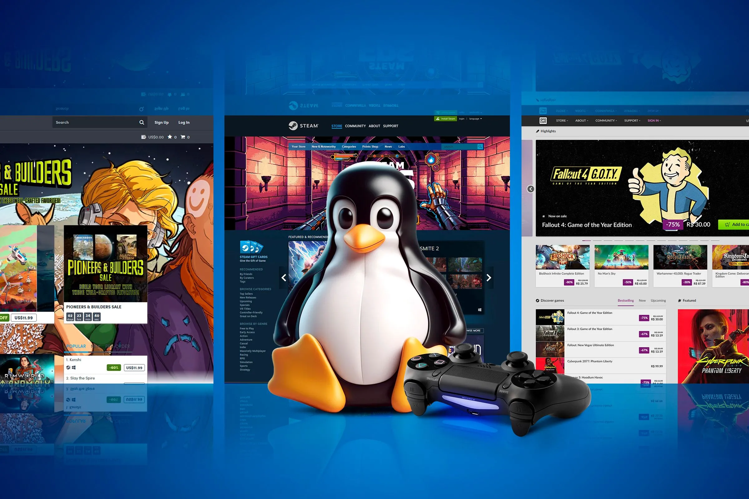 Linh vật Linux Tux với tay cầm chơi game và nhiều màn hình phía sau, nhấn mạnh trải nghiệm chơi game trên hệ điều hành này.