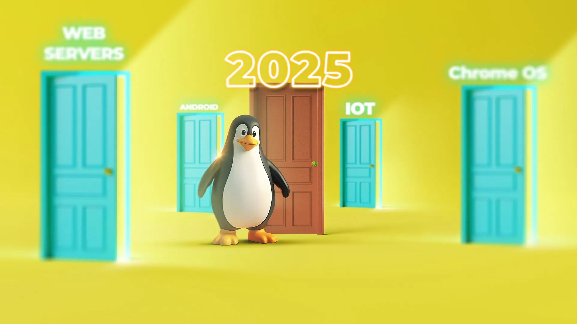 Linh vật Linux với nhiều cánh cửa hé mở xung quanh và một cánh cửa đóng kín ở giữa ghi '2025', ám chỉ khó khăn trong việc trở thành hệ điều hành desktop