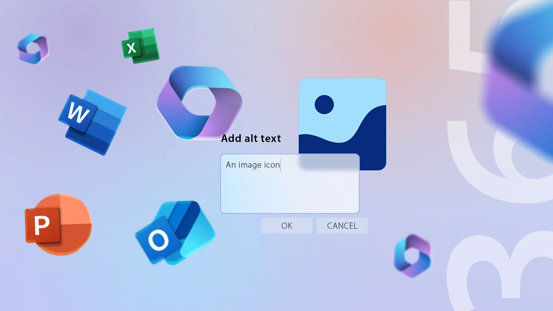 Logo Microsoft 365 với một số ứng dụng bên cạnh và trường để thêm văn bản thay thế.