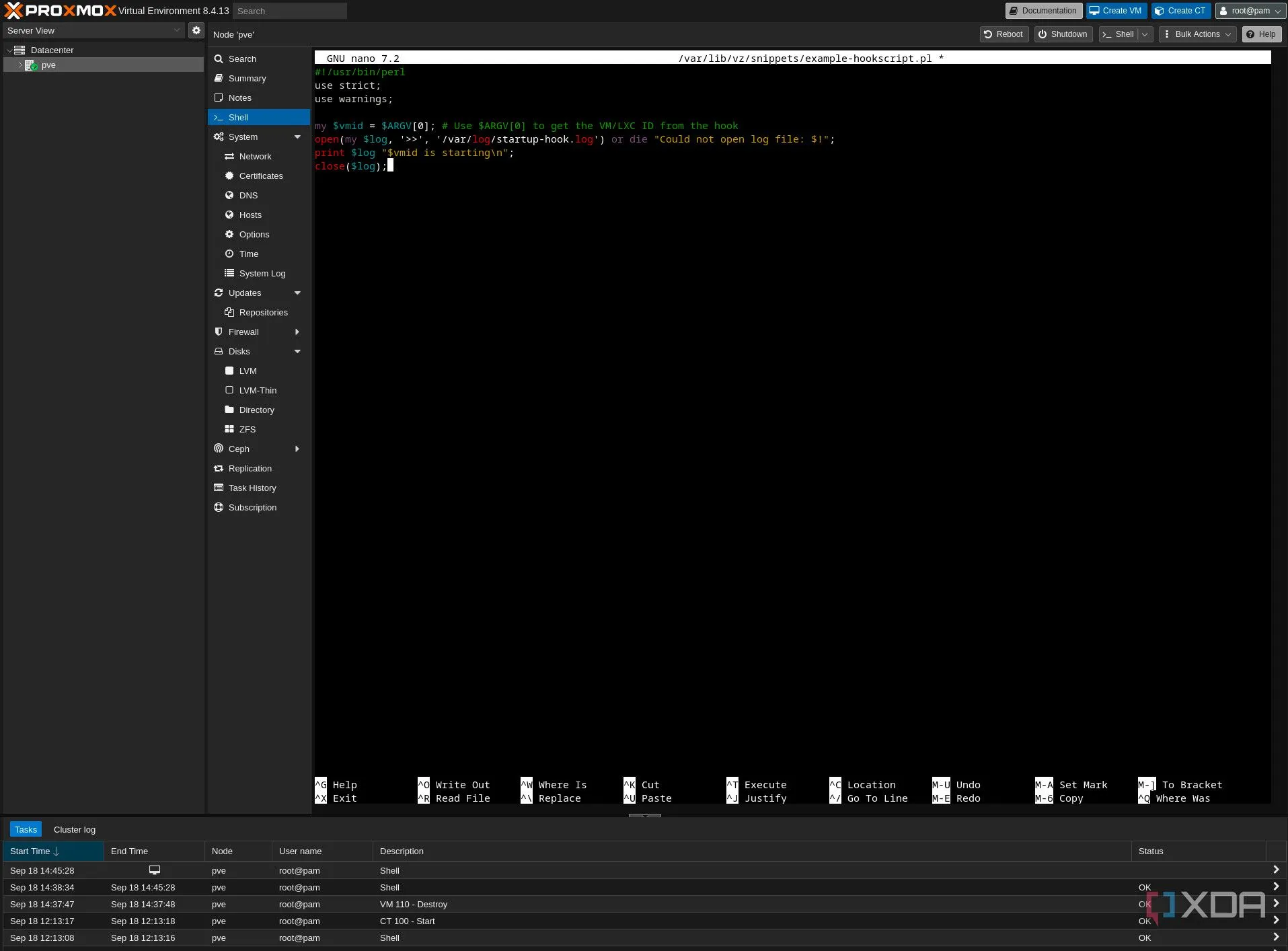 Mã script Perl đơn giản để ghi log khởi động Proxmox Hookscript