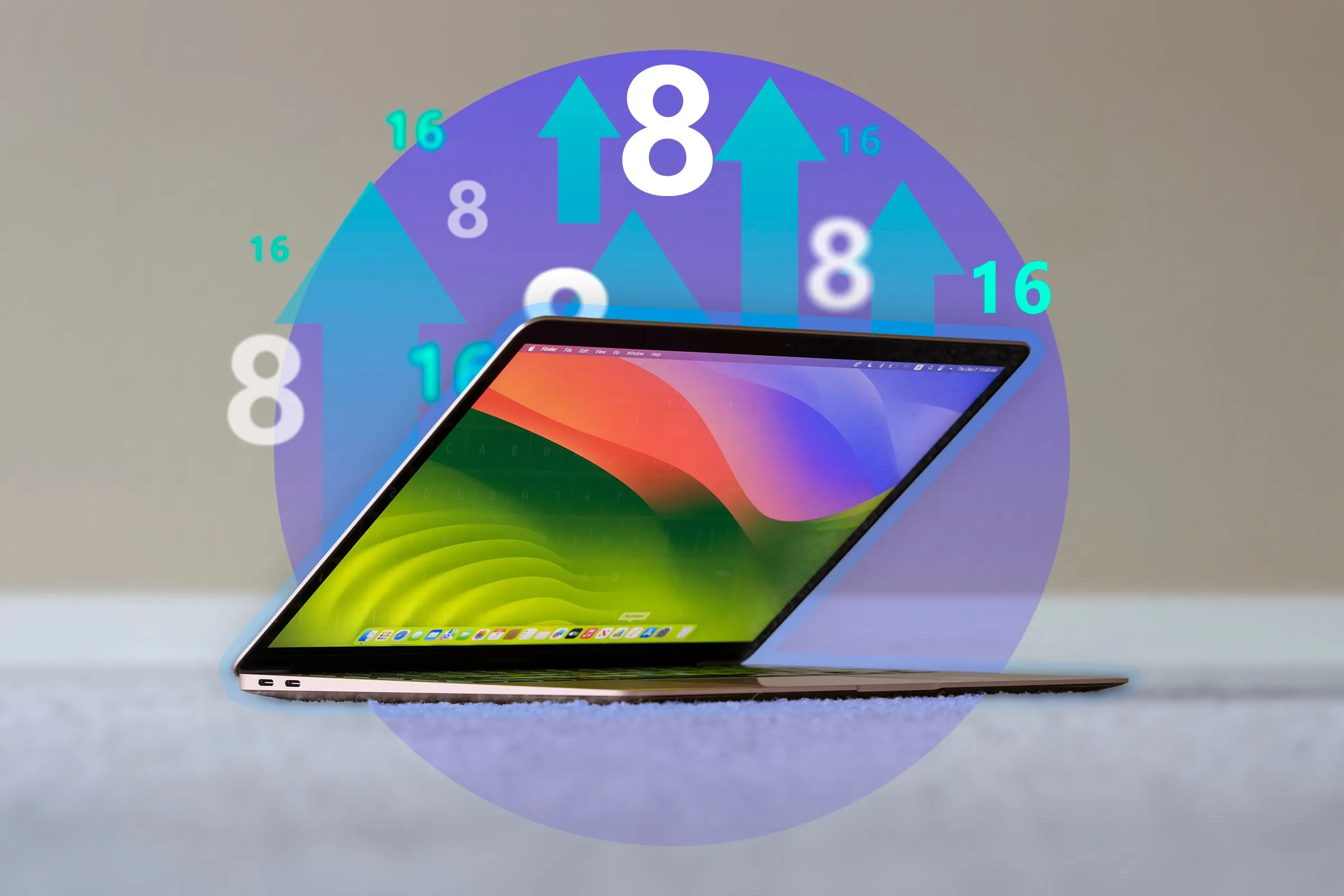 MacBook với các mũi tên chỉ lên, biểu tượng cho việc nâng cấp RAM hoặc cấu hình