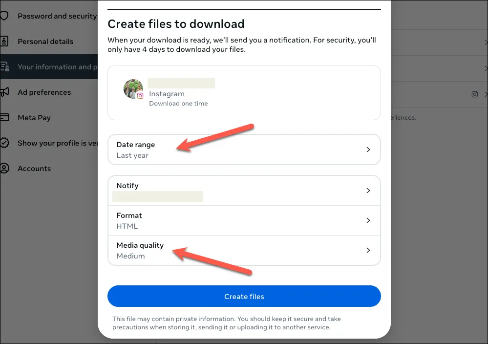 Màn hình cài đặt tải xuống Instagram, cho phép chọn định dạng tệp, chất lượng phương tiện và khoảng thời gian cho dữ liệu.