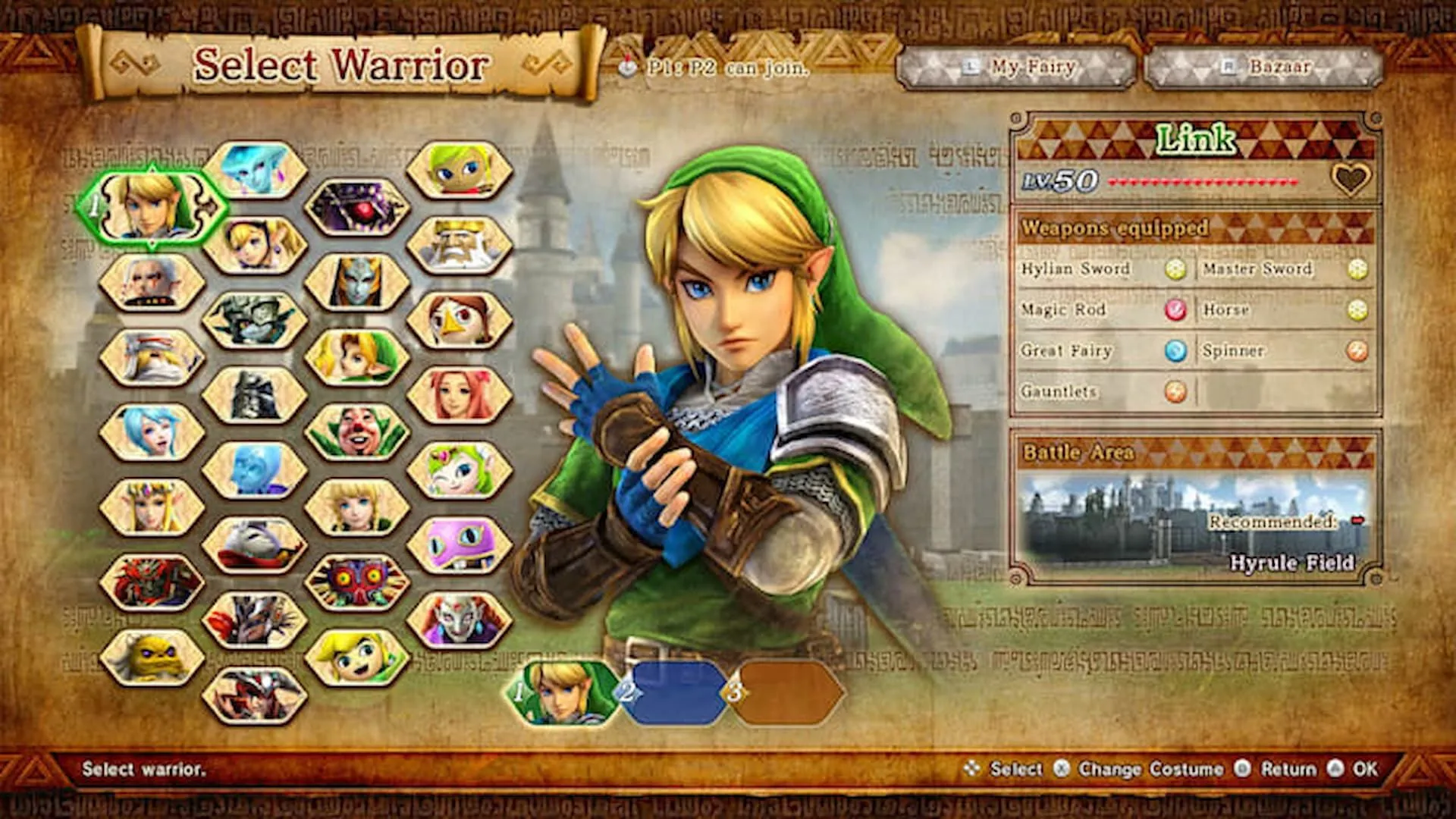Màn hình chọn nhân vật trong Hyrule Warriors: Definitive Edition, nơi các anh hùng Zelda hội tụ