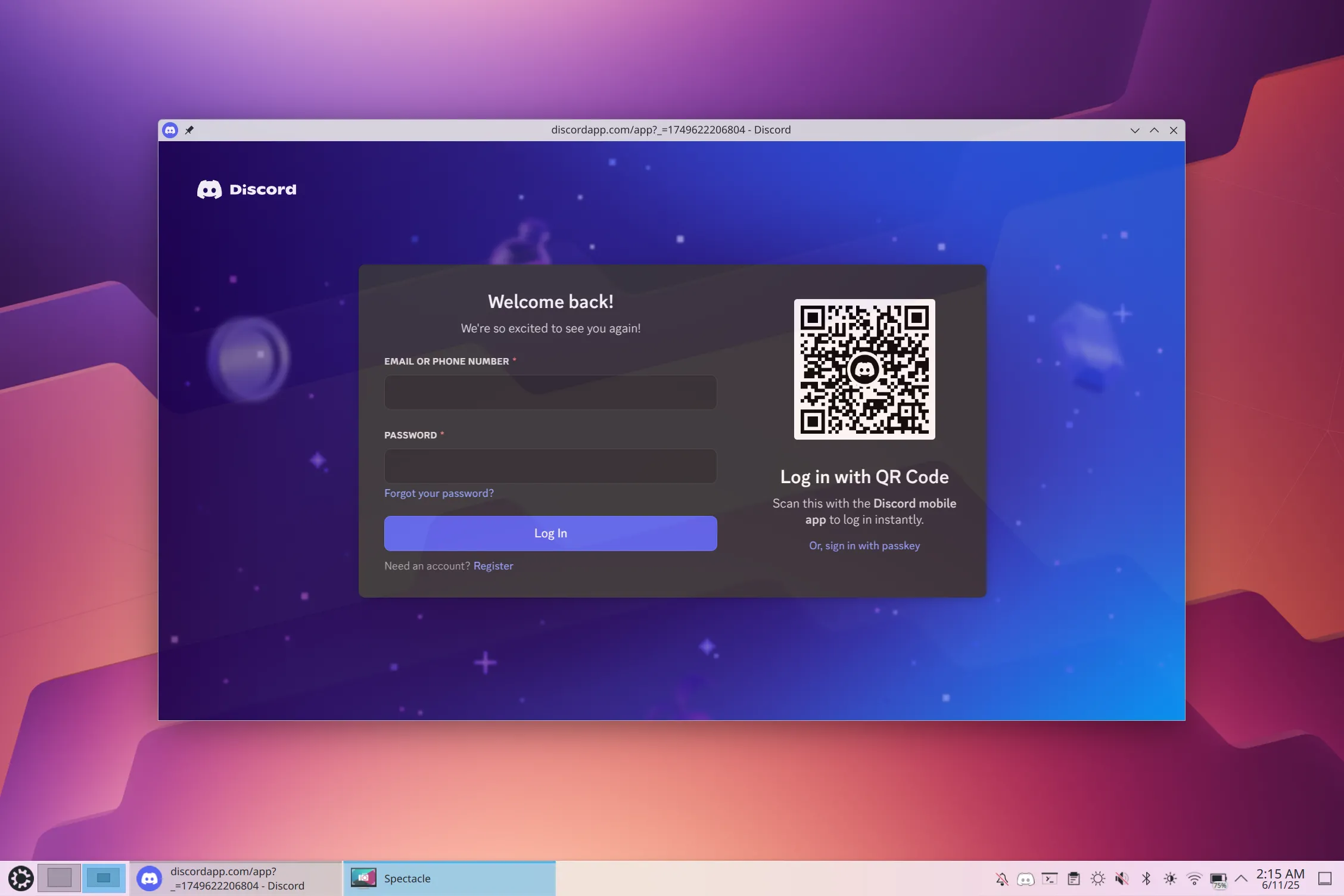 Màn hình đăng nhập Discord hiển thị trên hệ điều hành Kubuntu, với các tùy chọn nhập email và mật khẩu