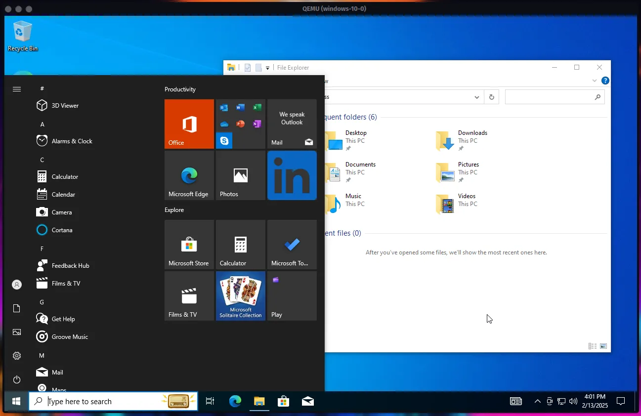 Màn hình desktop Windows 10 chạy trong cửa sổ QEMU, minh họa cách thử nghiệm Windows 10 an toàn trong máy ảo