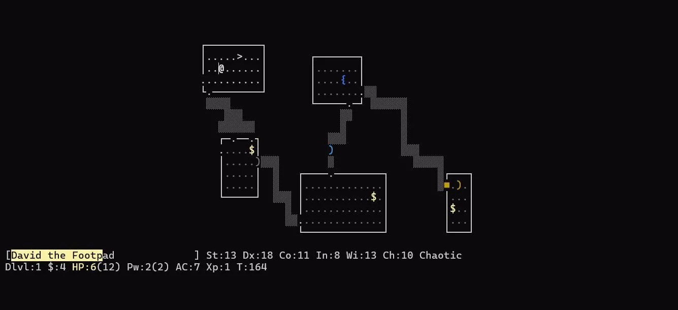 Màn hình gameplay của NetHack, một trò chơi roguelike sử dụng đồ họa ký tự ASCII, minh họa giao diện TUI.