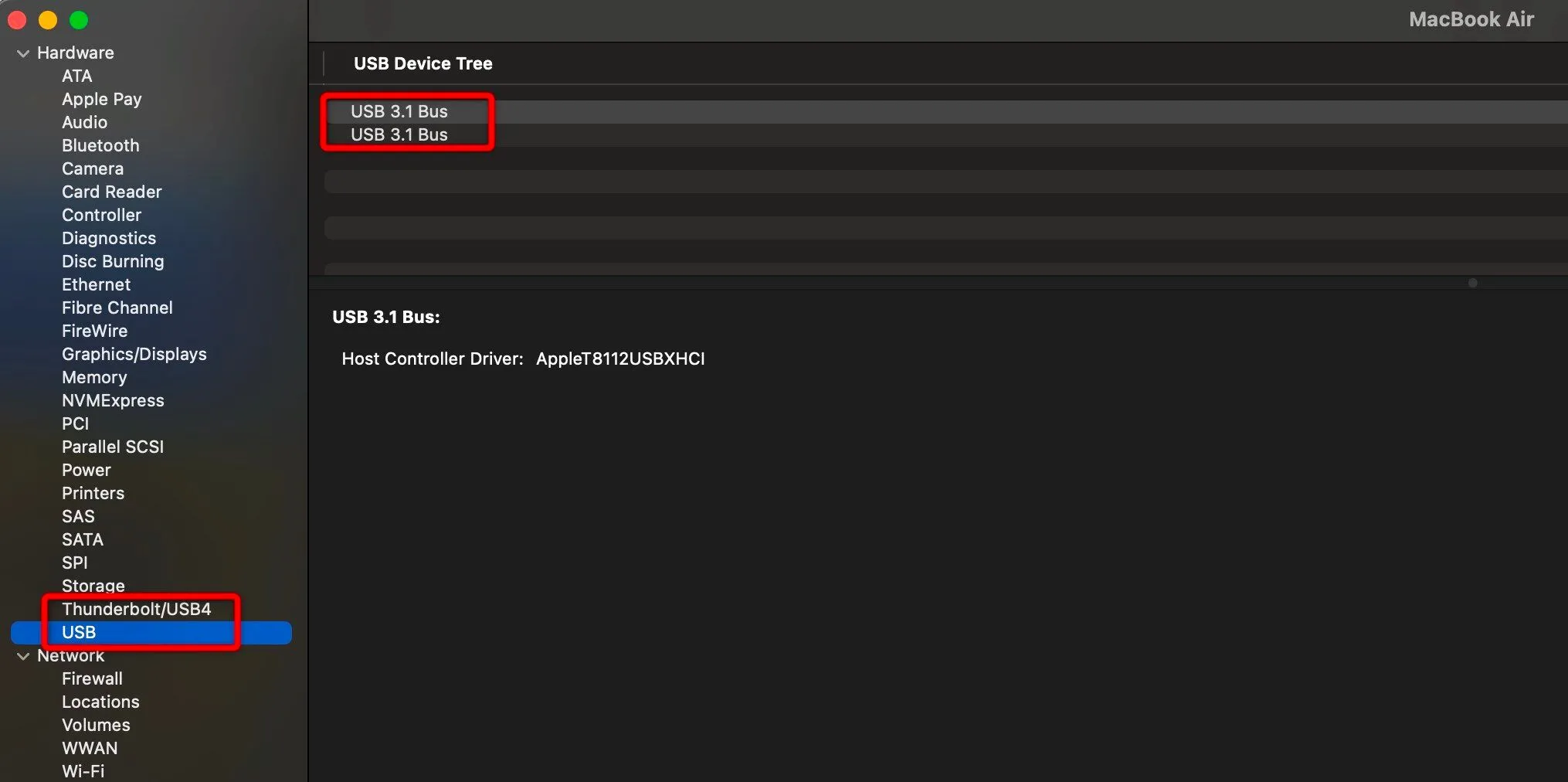 Màn hình hiển thị cửa sổ System Information trên macOS, cho thấy chi tiết về các cổng USB và Thunderbolt được kết nối với hệ thống.