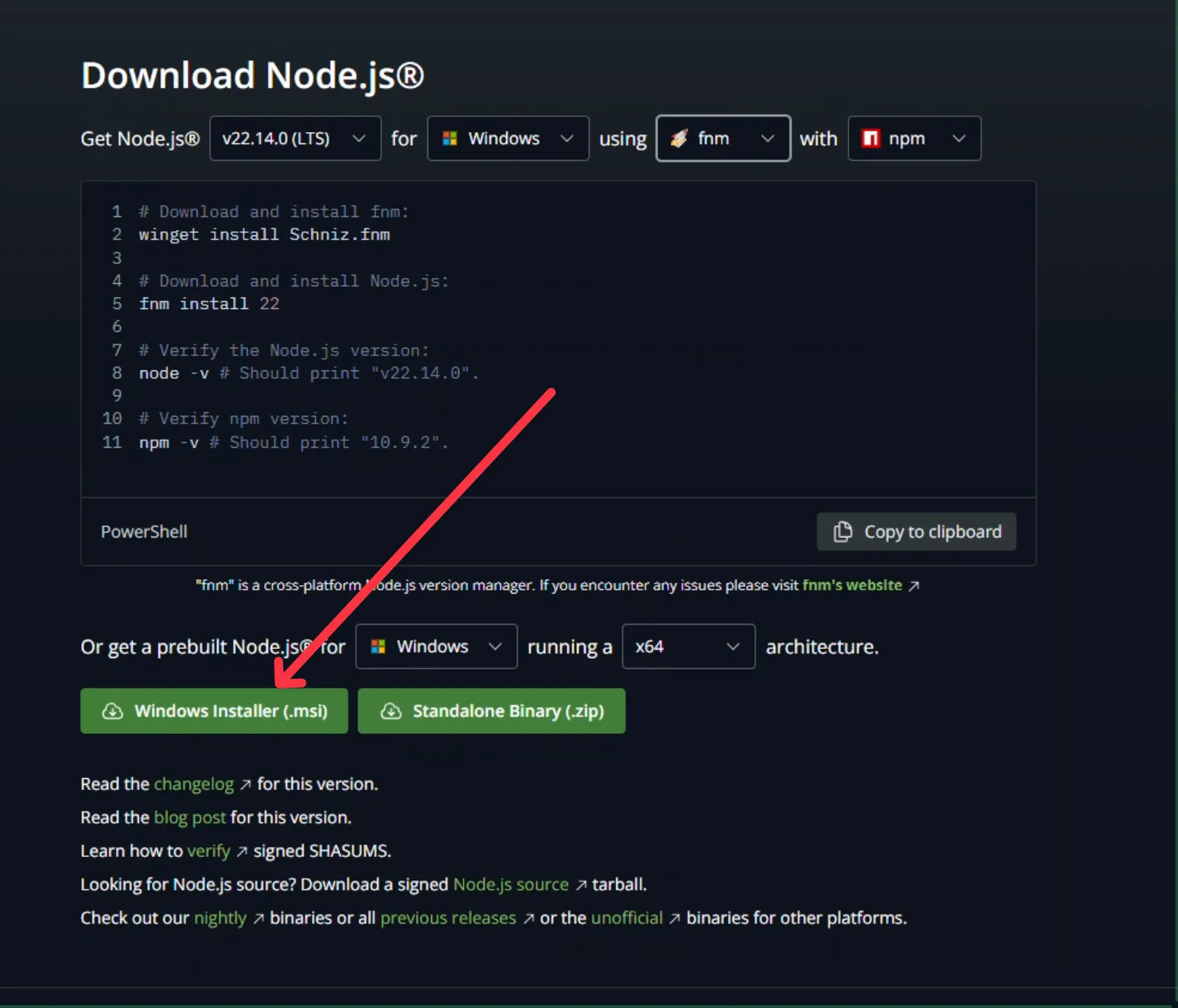 Màn hình tải xuống bộ cài đặt Node.js chính thức dành cho hệ điều hành Windows.