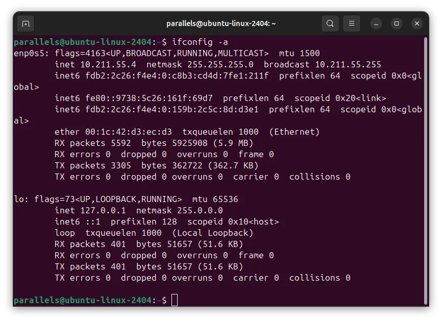 Màn hình terminal Ubuntu Linux hiển thị lệnh ifconfig để kiểm tra địa chỉ IP mạng.