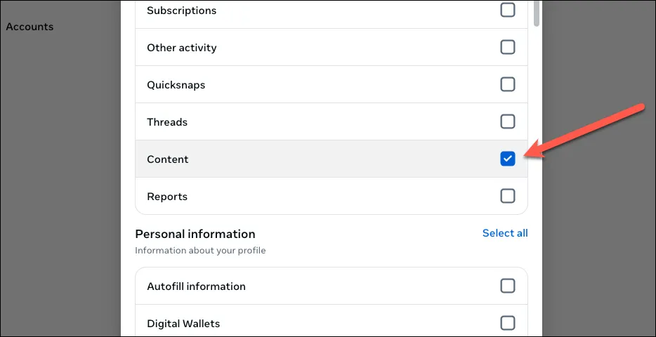 Màn hình tùy chọn 'Một số thông tin của bạn' trong Instagram, cho phép người dùng chọn lọc loại dữ liệu cần tải như ảnh, video, Story và Reels.