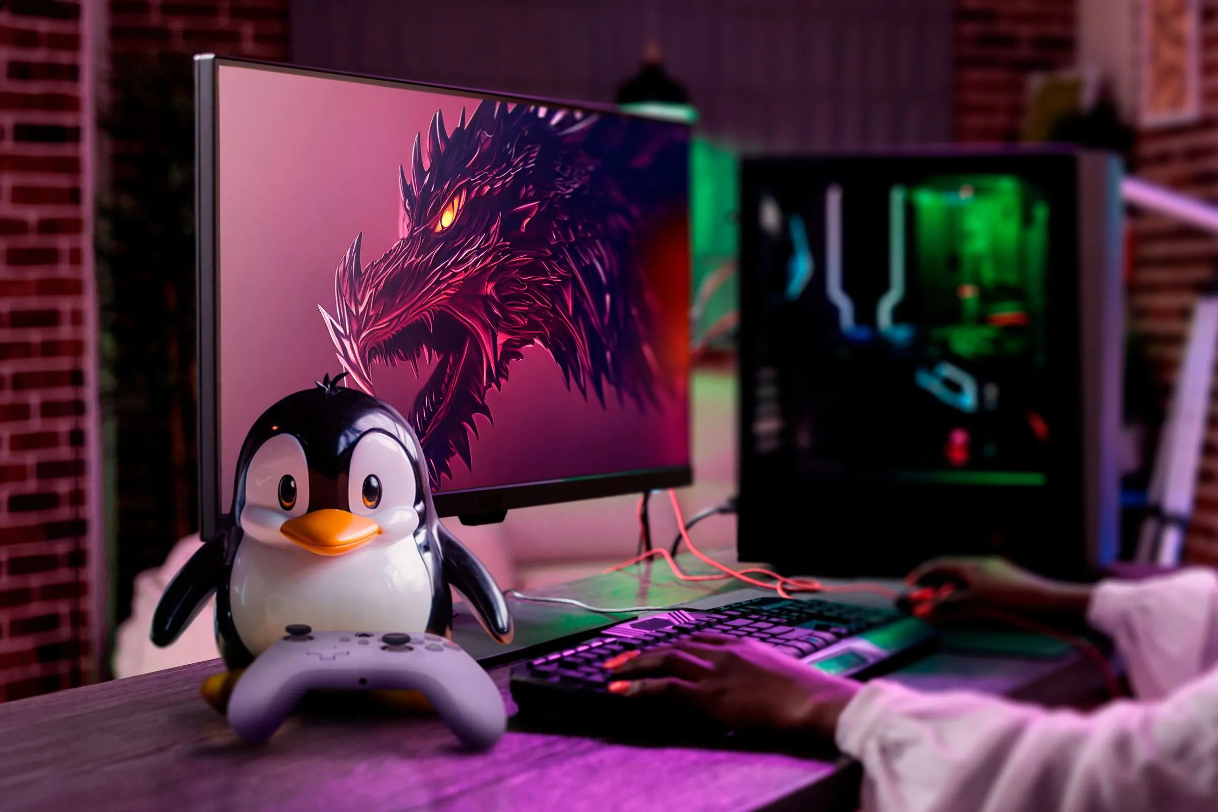 Máy tính chơi game với Garuda Linux trên màn hình và linh vật Tux cầm tay cầm chơi game.