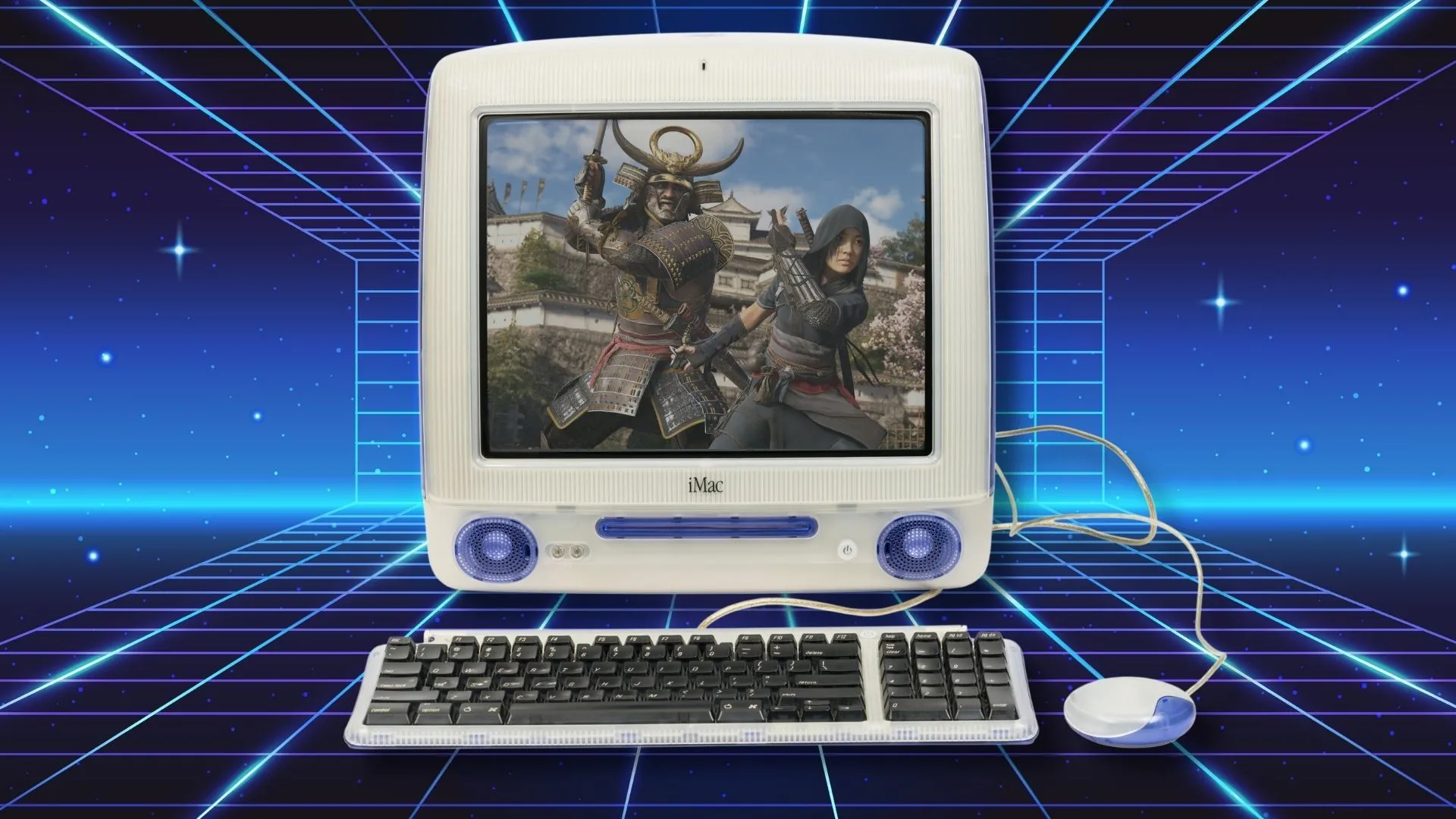 Máy tính iMac cổ điển chạy tựa game Assassin's Creed Shadows trên màn hình, minh họa lịch sử và tương lai game Mac