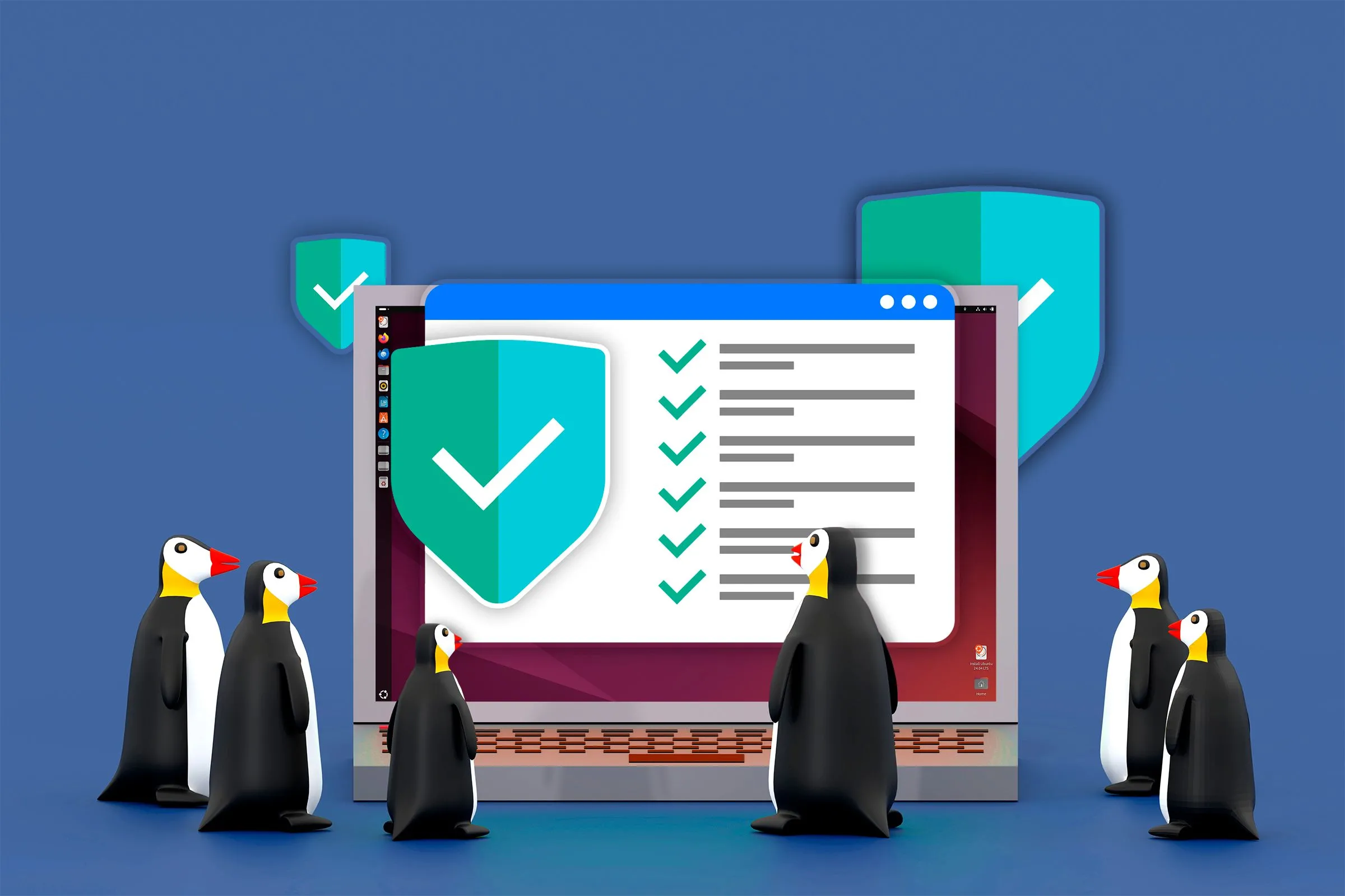 Máy tính xách tay với biểu tượng chim cánh cụt Linux và màn hình hiển thị biểu tượng lá chắn cùng 6 bước đã hoàn thành