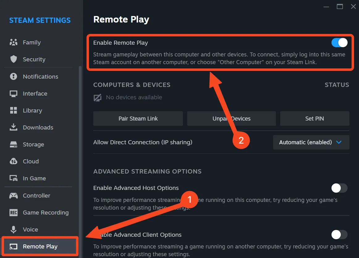 Menu cài đặt Remote Play trong Steam, với tùy chọn &quot;Enable Remote Play&quot; được bật