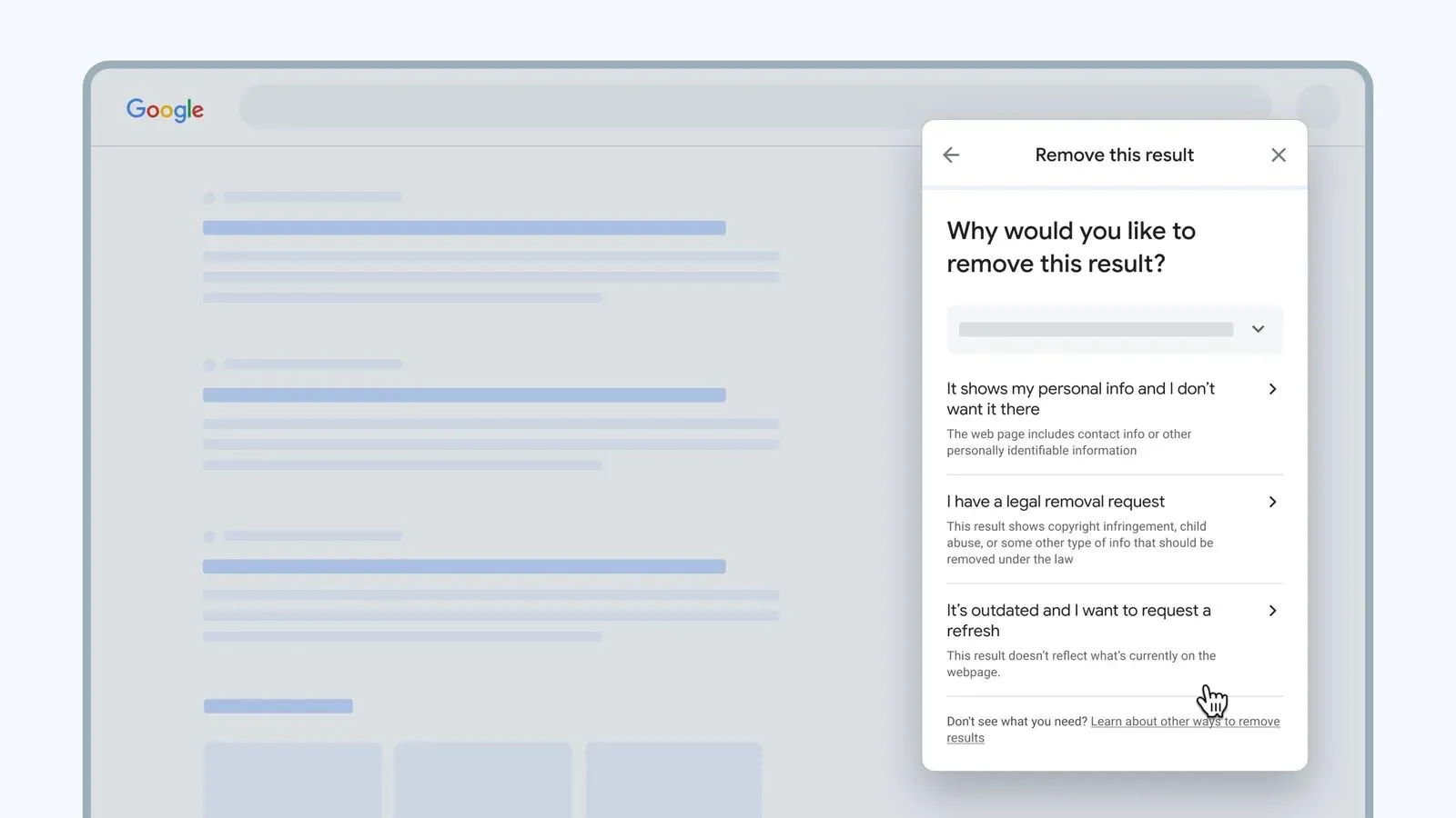 Menu gỡ bỏ kết quả tìm kiếm của Google