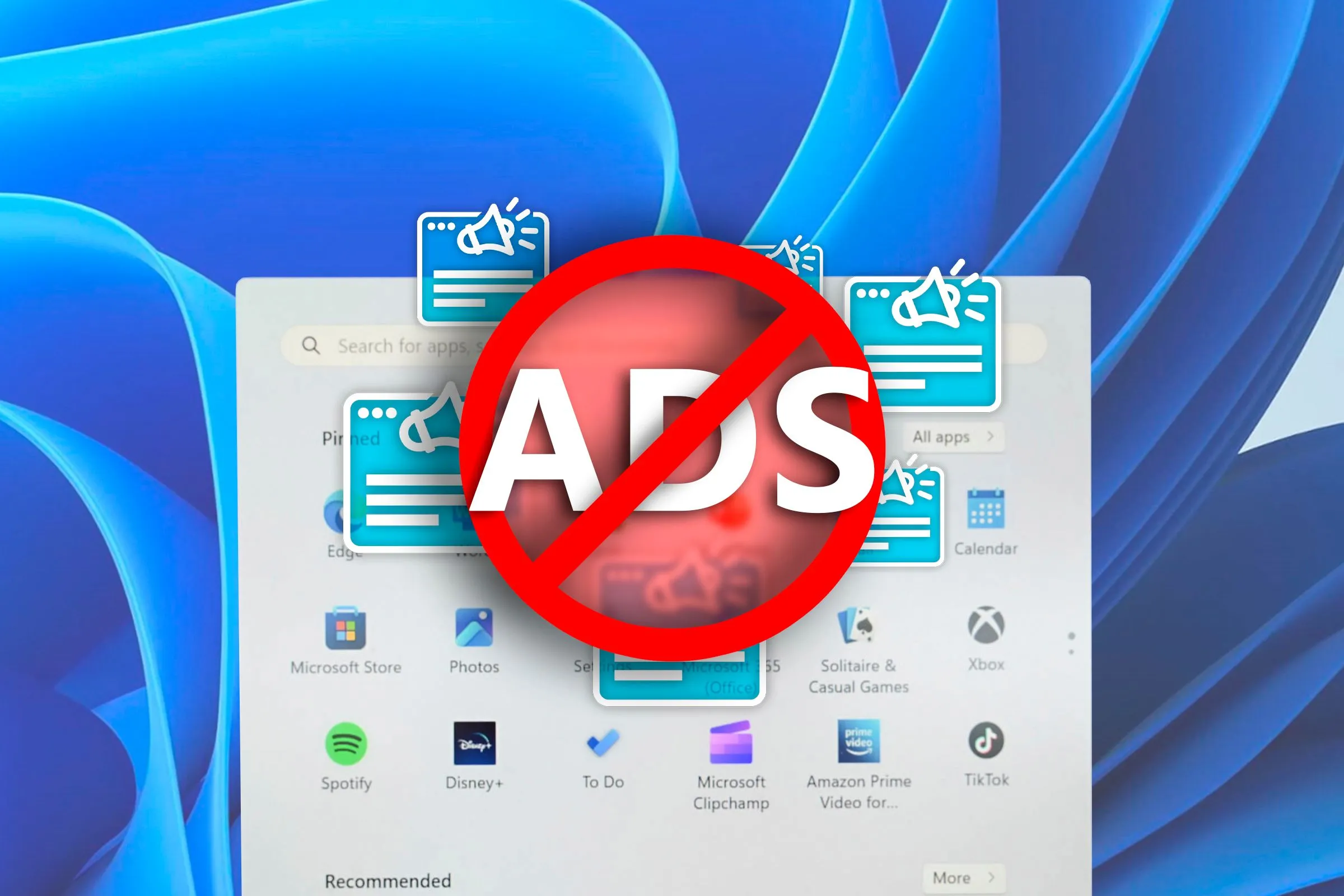 Menu Start của Windows 11 với các biểu tượng quảng cáo được làm nổi bật, cho thấy sự hiện diện của quảng cáo trong hệ điều hành.