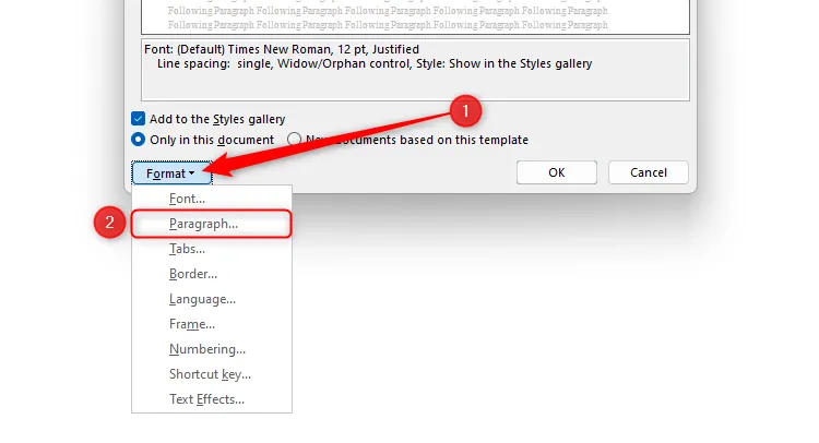 Menu thả xuống &quot;Format&quot; trong hộp thoại Modify Style của Word, với tùy chọn &quot;Paragraph&quot; được chọn để chỉnh sửa định dạng đoạn văn