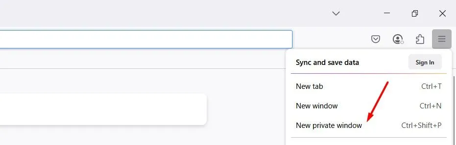 Menu tùy chọn &quot;New Private Window&quot; (Cửa sổ riêng tư mới) trong trình duyệt Mozilla Firefox, hướng dẫn người dùng kích hoạt chế độ duyệt web riêng tư.
