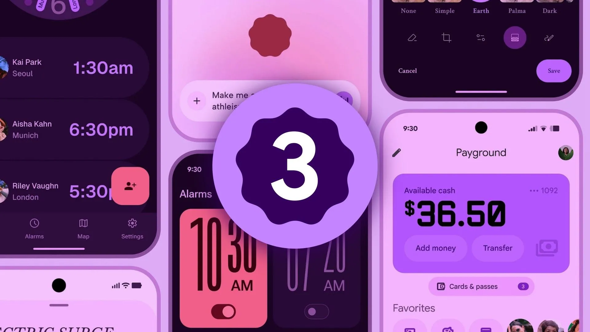 Minh họa sự đa dạng trong thiết kế Material Design và khả năng cá nhân hóa giao diện Android trên các thiết bị, bao gồm các tính năng mới của Material Expressive.