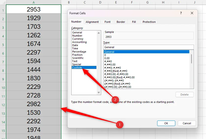 Mở hộp thoại Custom Number Format để tùy chỉnh định dạng số trong Excel