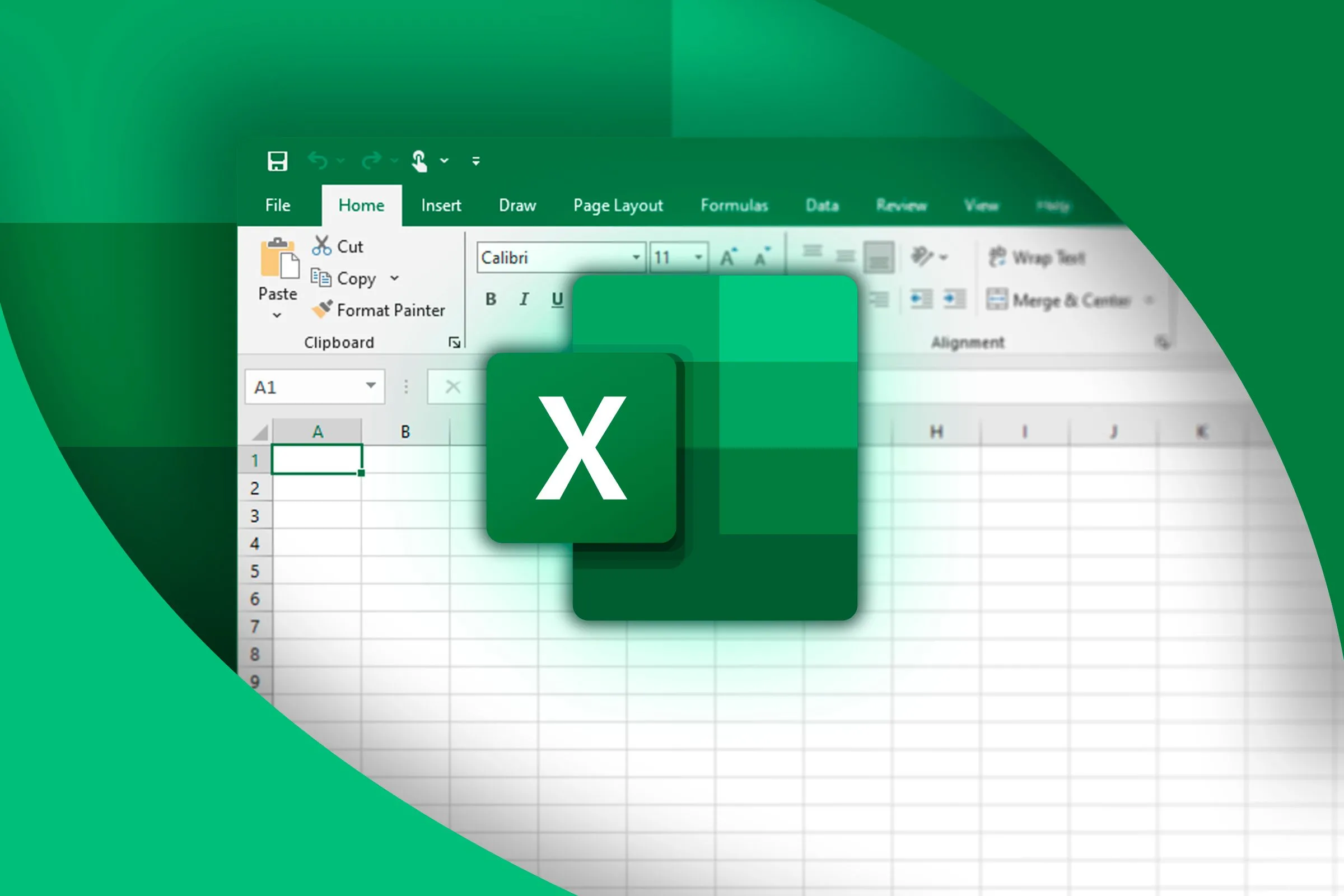 Một bảng tính Excel ở chế độ nền với logo Excel ở phía trước.