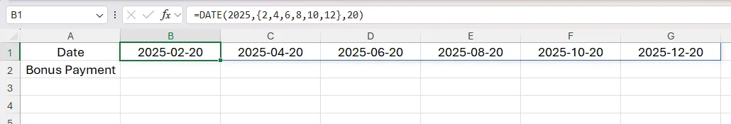 Một công thức mảng động được sử dụng trong ô B1 trong Excel, với dấu ngoặc nhọn và dấu phẩy làm cho kết quả tràn qua hàng 1.