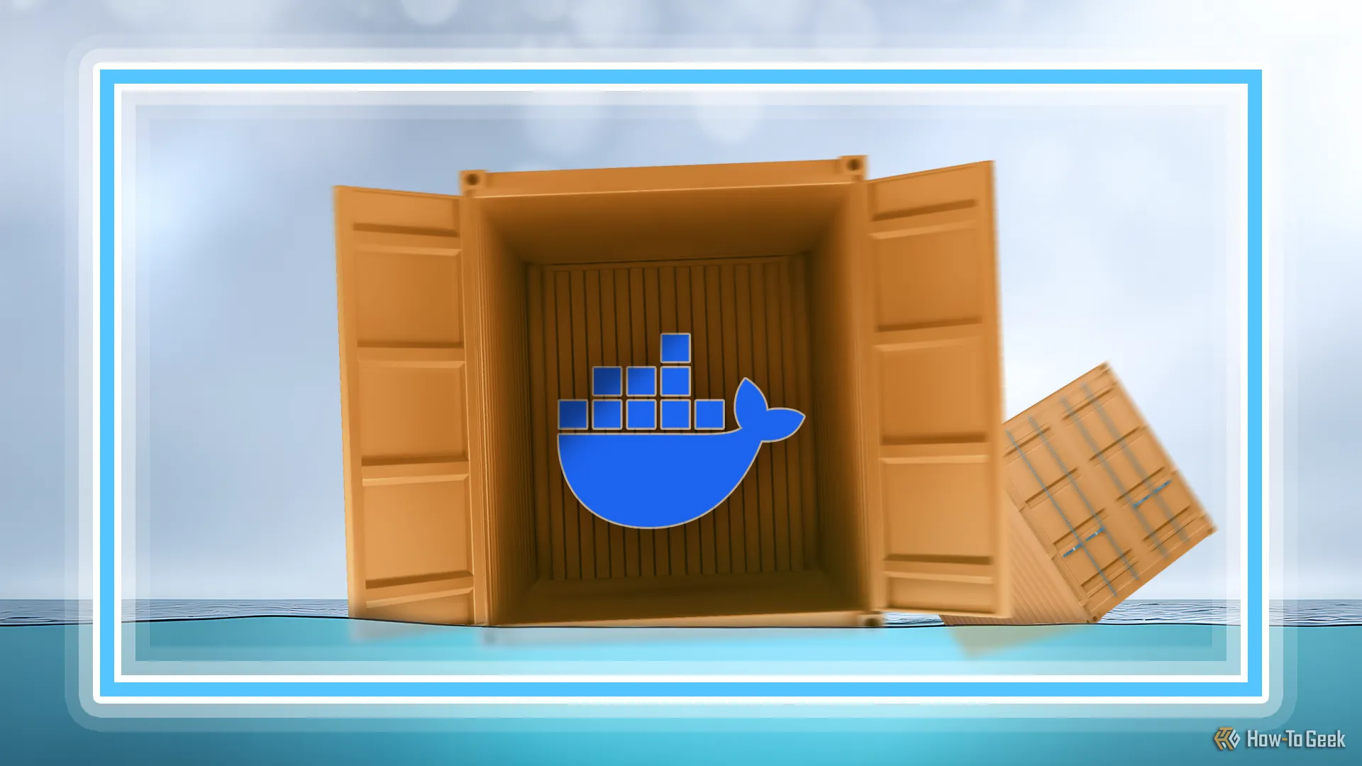 Một container vận chuyển màu cam với logo Docker nổi trên mặt nước, tượng trưng cho sự linh hoạt và khả năng di chuyển của các ứng dụng Docker