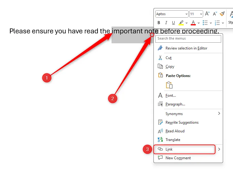 Một đoạn văn bản trong Word được chọn, và menu chuột phải hiển thị tùy chọn thêm liên kết.