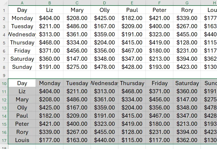 Một tập hợp dữ liệu đã được chuyển vị trong Microsoft Excel.