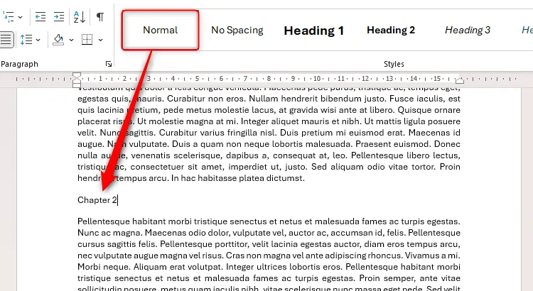 Một tiêu đề trong tài liệu Word được gán kiểu &quot;Normal&quot; (Bình thường), cho thấy định dạng mặc định