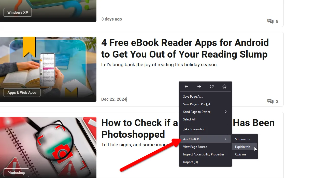 Nút ChatGPT tích hợp trong menu chuột phải của Firefox để tương tác nhanh với AI