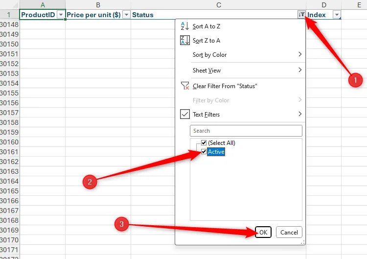 Nút lọc trên cột &quot;Trạng thái&quot; trong bảng tính Excel được kích hoạt và &quot;Active&quot; được chọn để hiển thị lại tất cả các sản phẩm đang hoạt động.