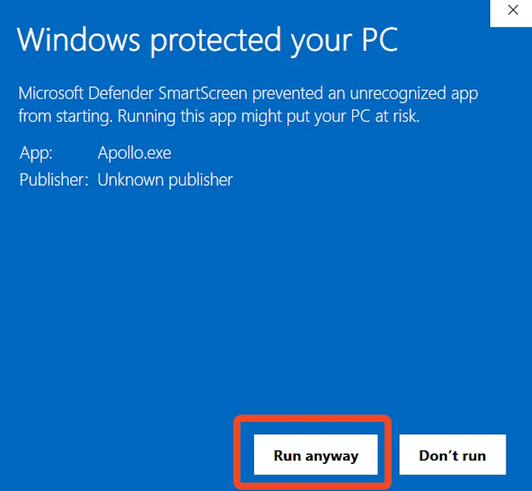Nút &quot;Run Anyway&quot; trong cửa sổ cảnh báo của Windows Defender để cho phép cài đặt Sunshine