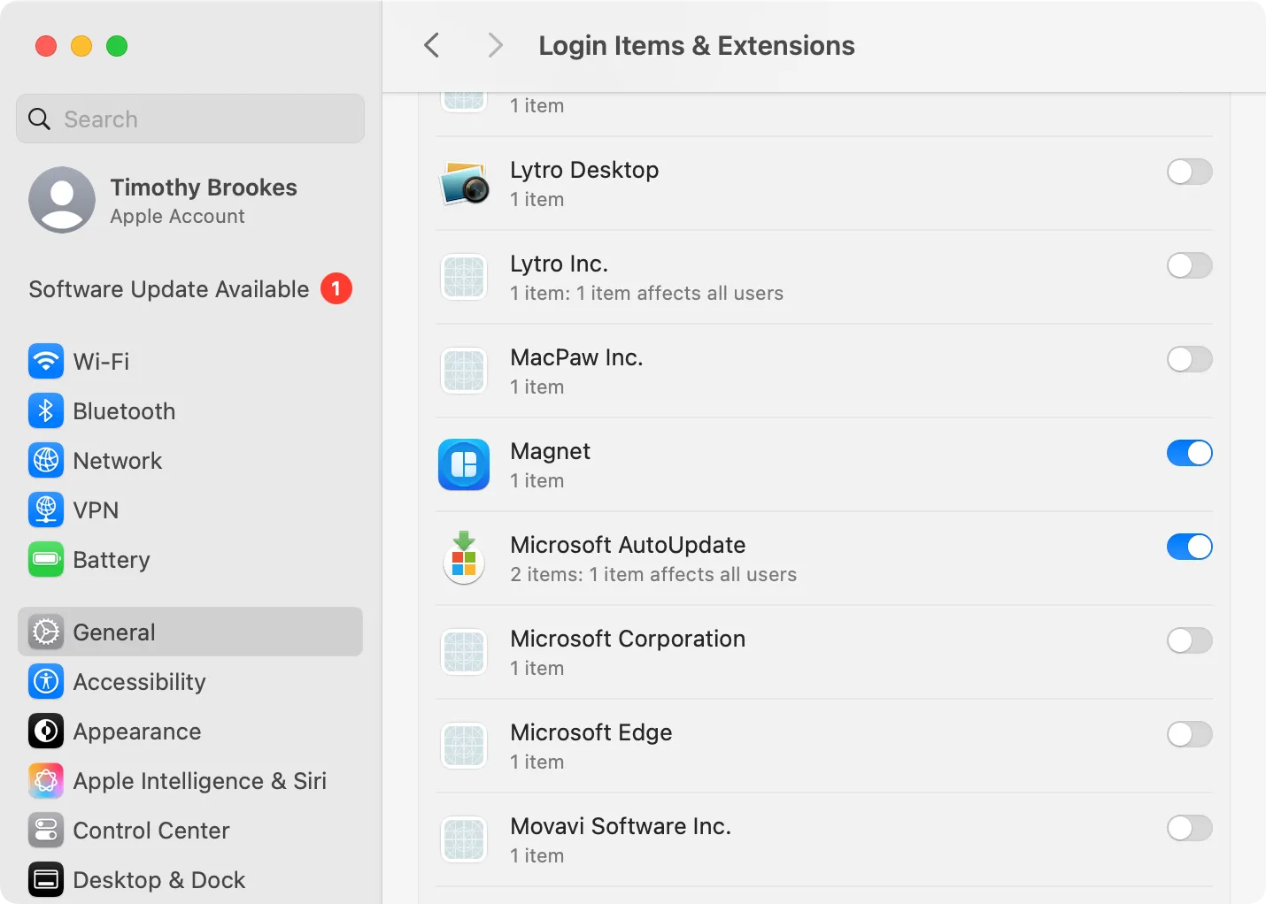 Phần 'Cho phép trong Nền' trong cài đặt Mục Đăng nhập của macOS, liệt kê các tác nhân khởi chạy.