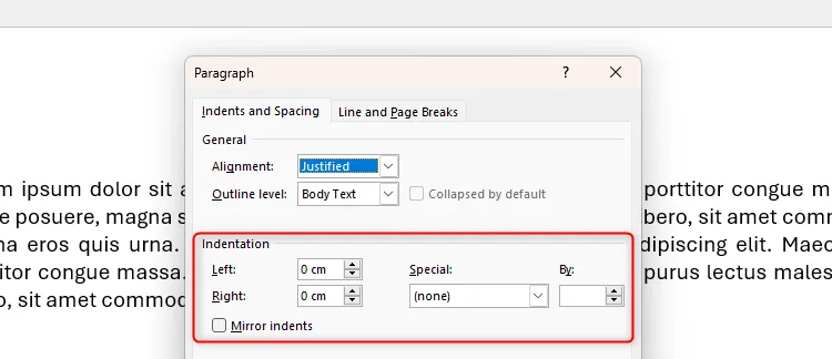 Phần &quot;Indentation&quot; (Thụt lề) trong hộp thoại Paragraph của Microsoft Word, làm nổi bật các tùy chọn điều chỉnh