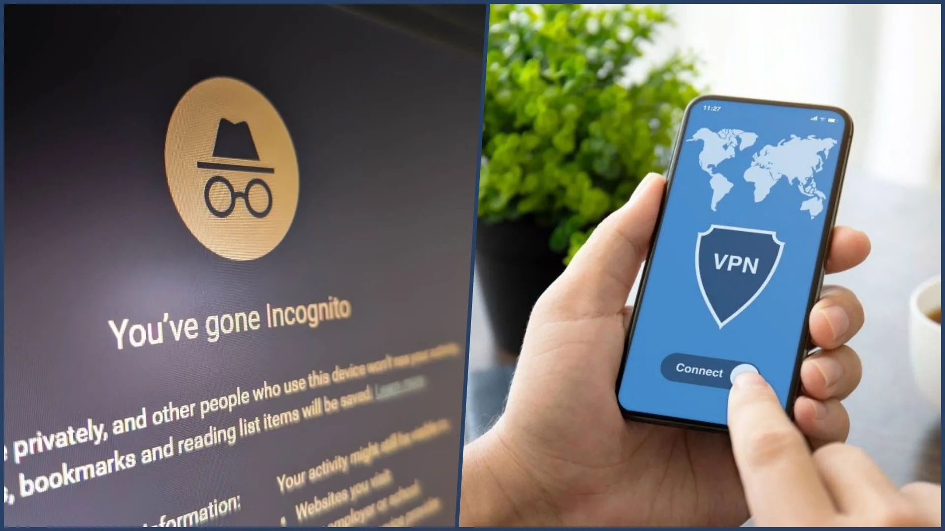 So sánh trực quan giữa chế độ ẩn danh Incognito mode và việc sử dụng VPN, nhấn mạnh sự khác biệt trong bảo mật và quyền riêng tư trực tuyến.