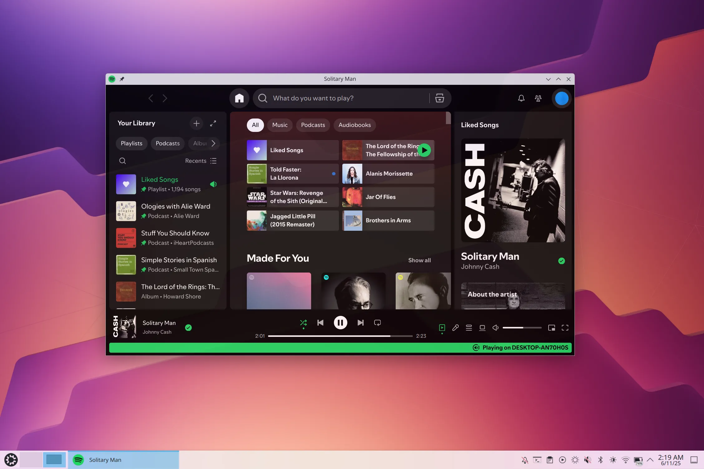 Spotify trên Kubuntu với một số bài hát hiển thị, minh họa trải nghiệm nghe nhạc trên nền tảng Linux