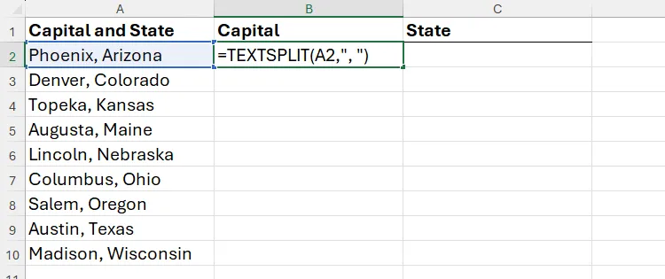 Sử dụng hàm TEXTSPLIT trong Microsoft Excel để tách thủ đô và bang thành các cột riêng biệt