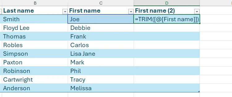 Sử dụng hàm TRIM trong Excel để loại bỏ khoảng trắng thừa từ một cột