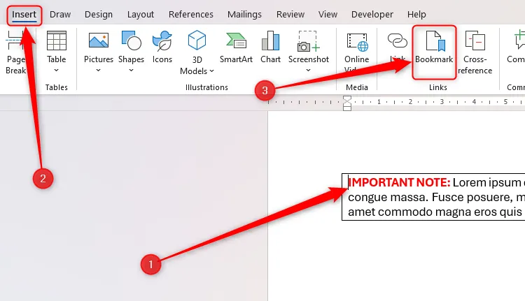Tài liệu Word với con trỏ được đặt ở đầu một ghi chú quan trọng, và nút Bookmark được chọn.