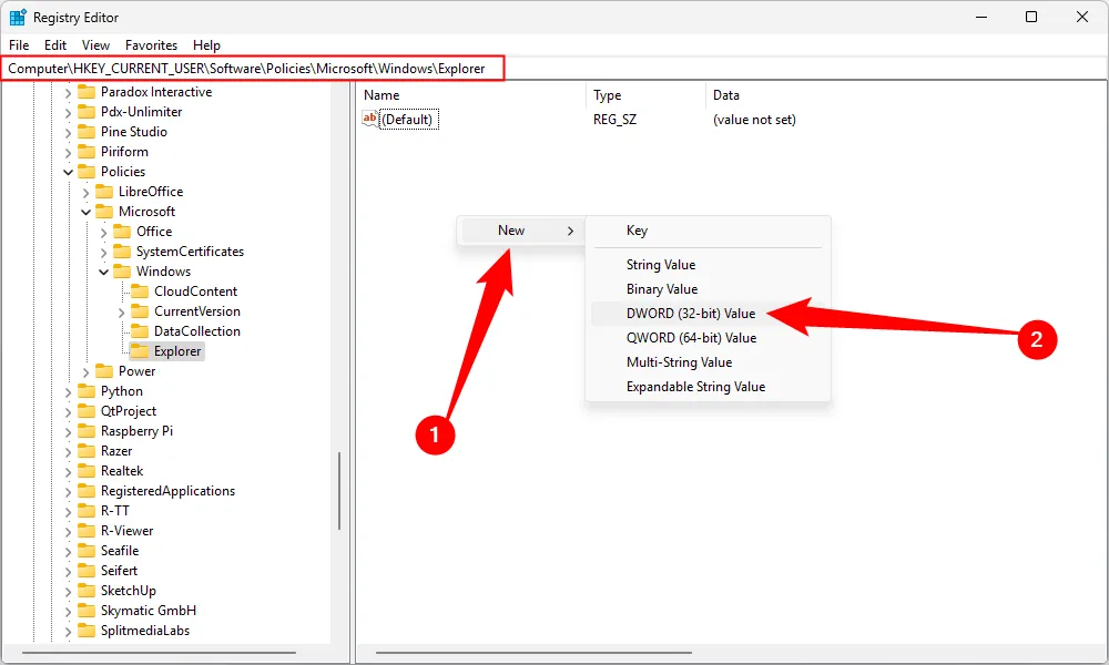 Tạo giá trị DWORD (32-bit) mới &quot;DisableSearchBoxSuggestions&quot; để tắt Bing Search trong Windows 11.